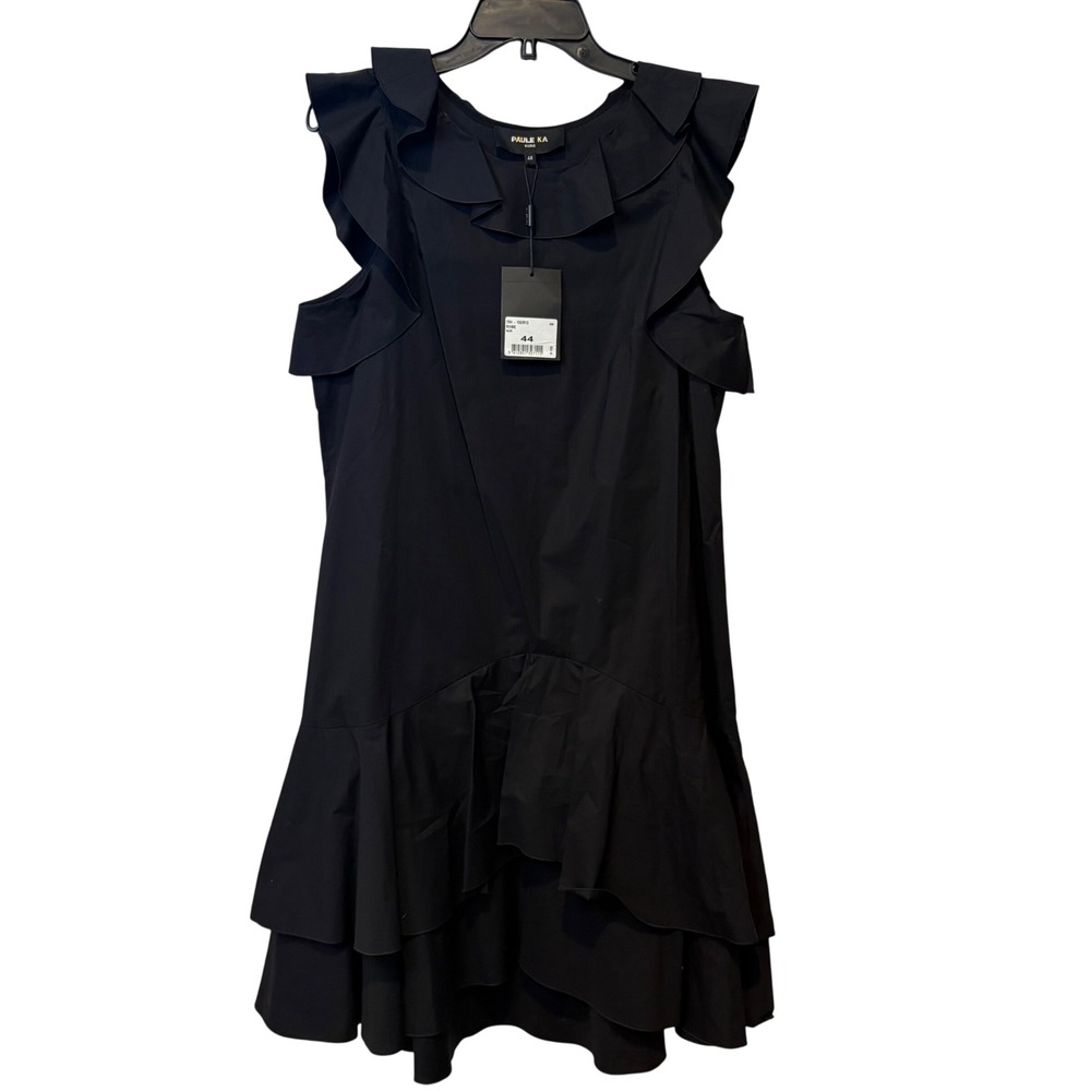 NWT PAULE KA Paris Black Ruffle Neckline Skirt Cotton Viscose Midi Dress Size 44